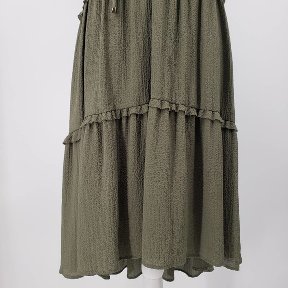 3/$25 Cupio High Low Dress S Ruffle Trim Lace Up V Neck A Line Green NWT - Picture 10 of 13